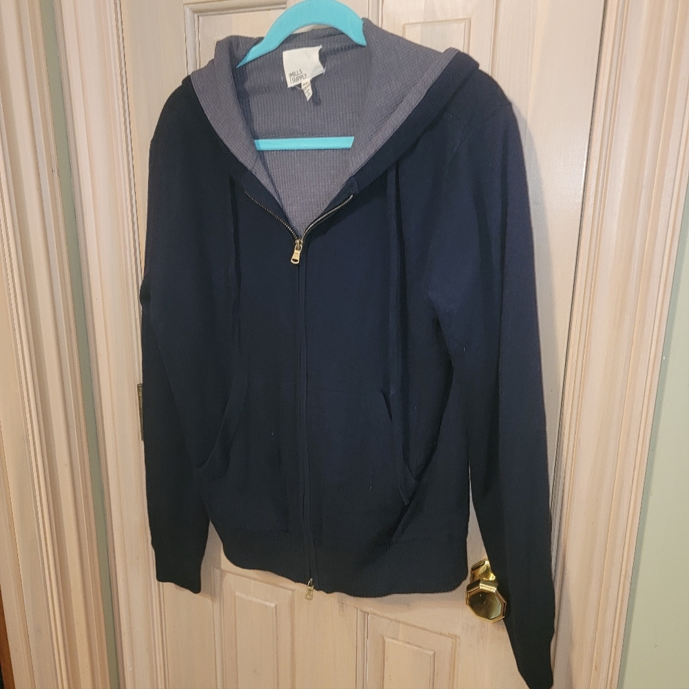 Mens Sz M Mills Supply Splendid Zip Up Thermal Navy Gray Hooded Sweater Jacket